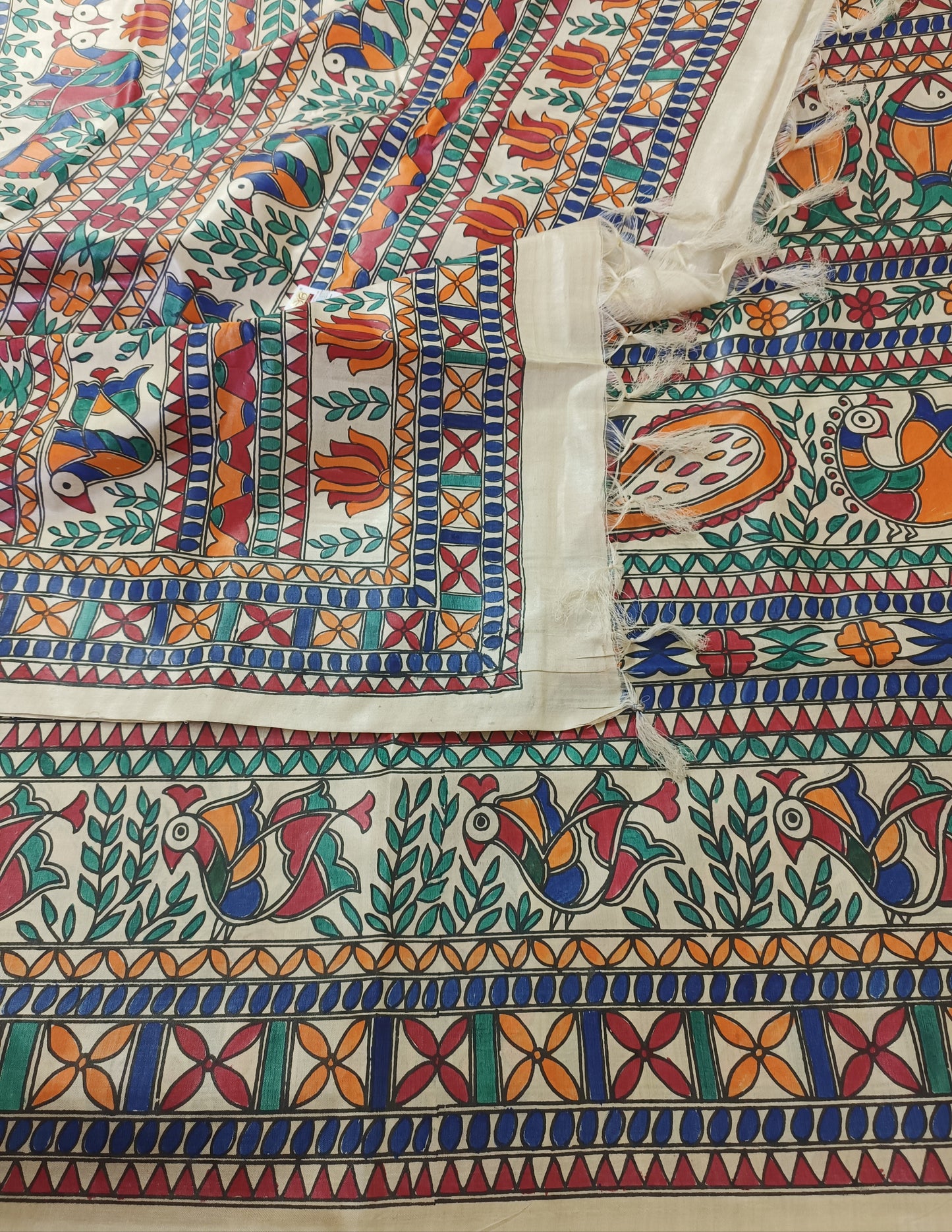 Fish and Peacock Motif Madhubani Hand Painted Desi Tussar Silk Saree