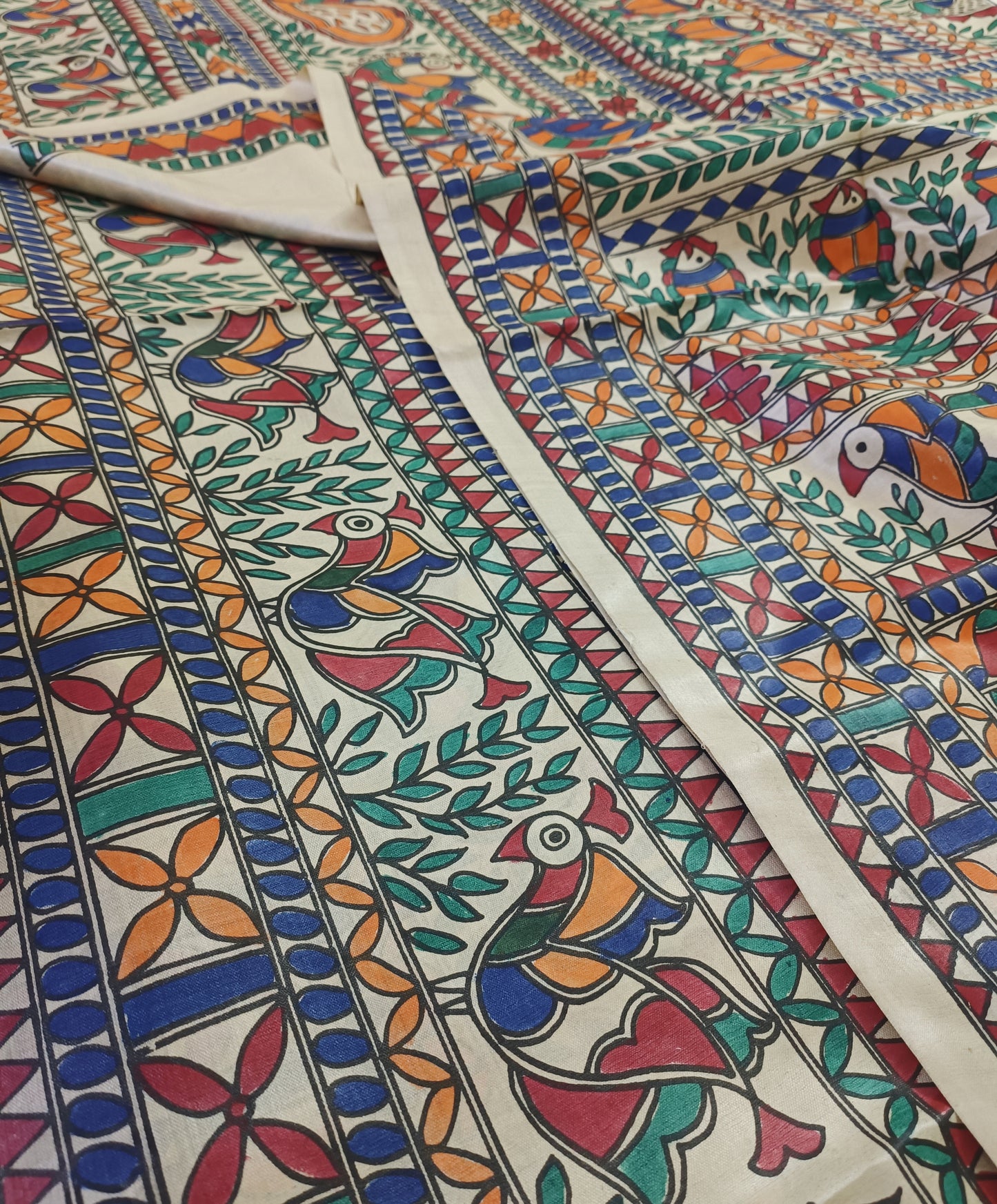 Fish and Peacock Motif Madhubani Hand Painted Desi Tussar Silk Saree