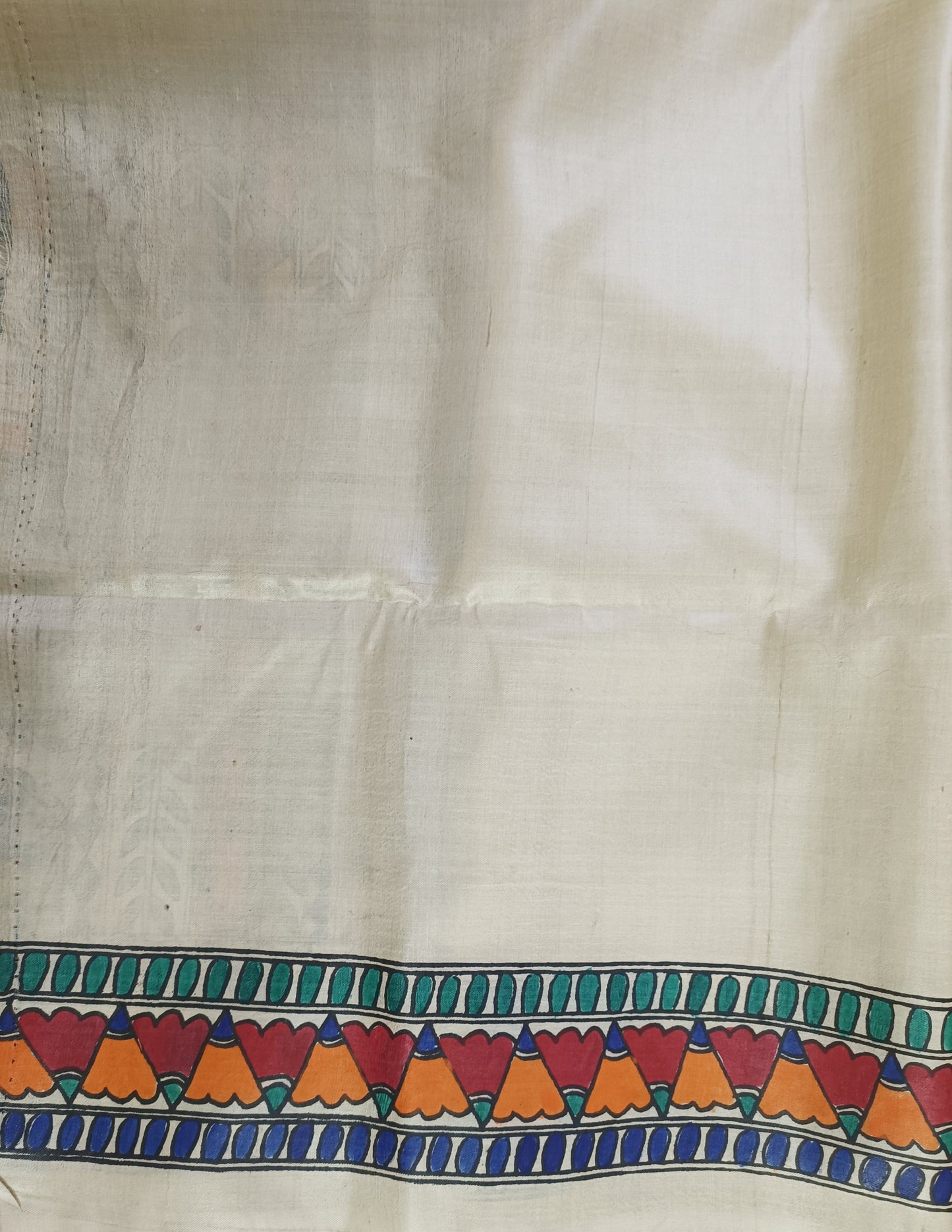 Fish and Peacock Motif Madhubani Hand Painted Desi Tussar Silk Saree
