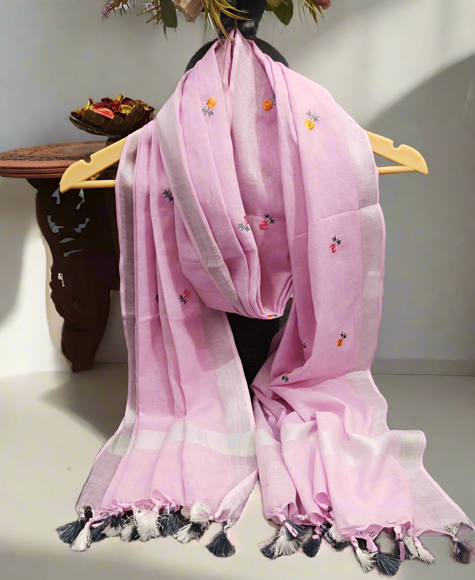 Flamingo Pink Embroidered Linen Dupatta