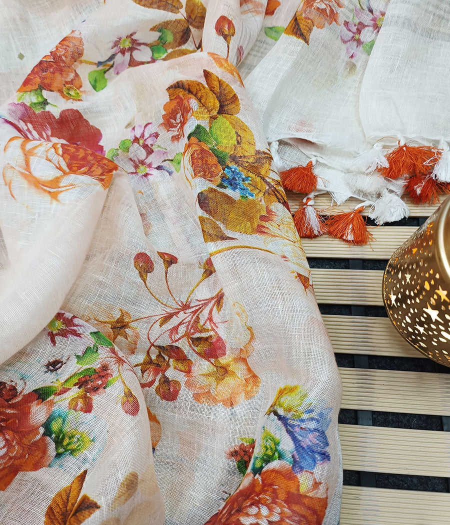 Peach Floral Digital Printed Linen Saree