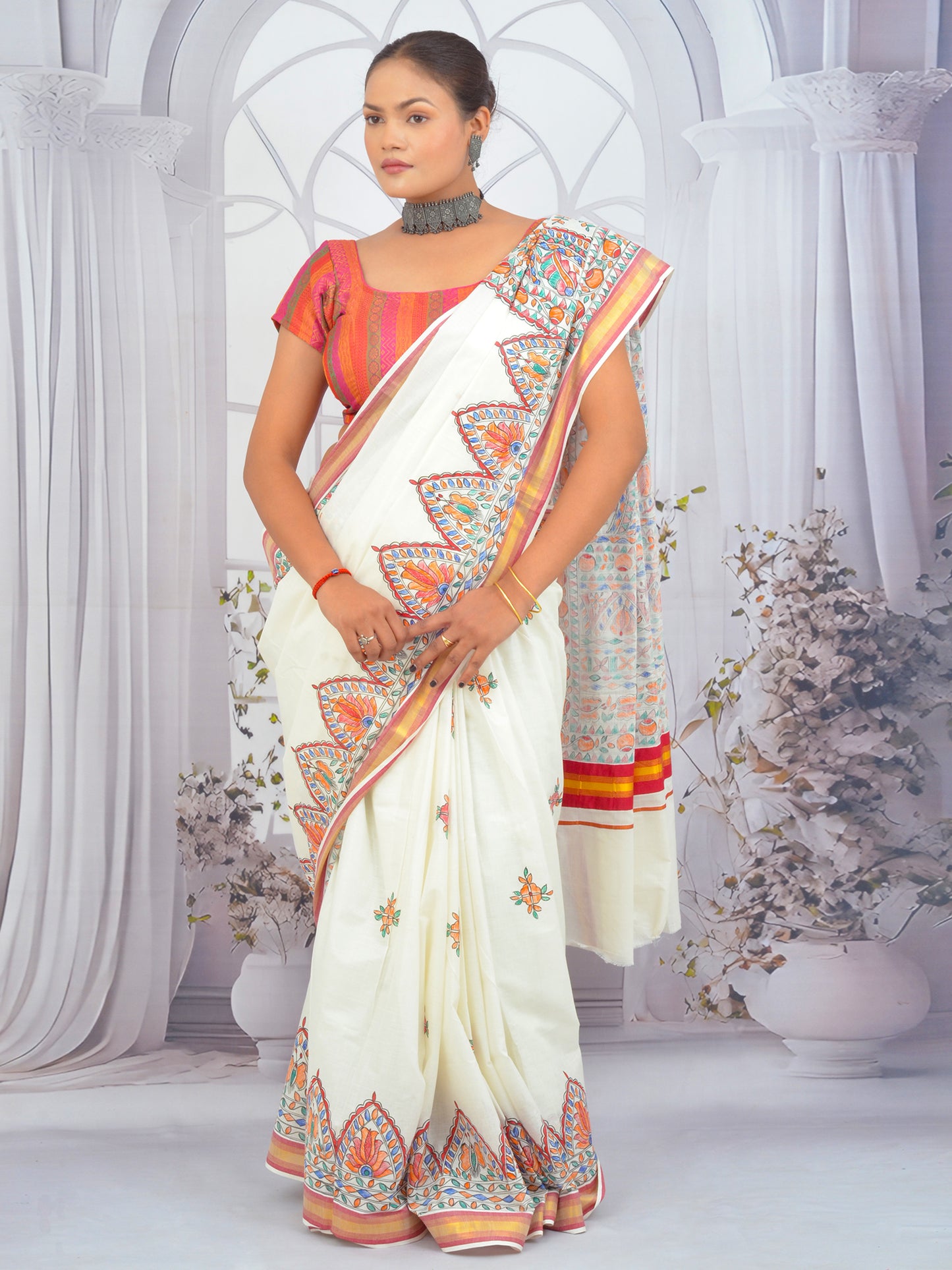 Floral Madhubani Hand-Painted Kerala Cotton Saree with Red Border – Full View