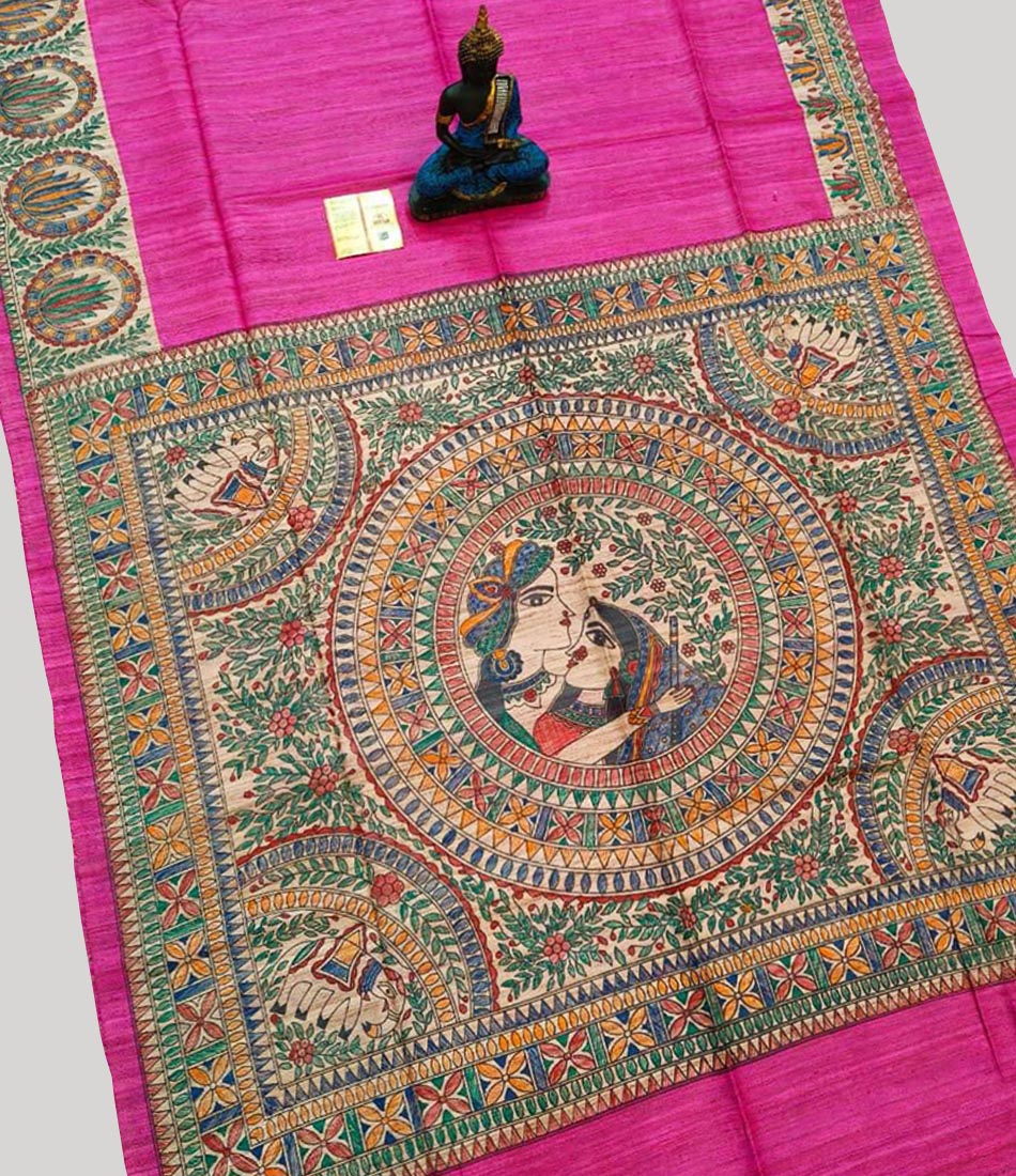 Fuscia Madhubani Hand Painted Tussar Ghicha Silk Saree | Peepal Clothing