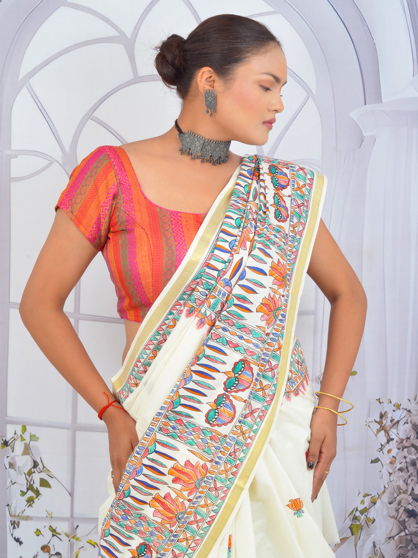 Hand-painted Kerala cotton saree featuring Goddess Durga in Madhubani style