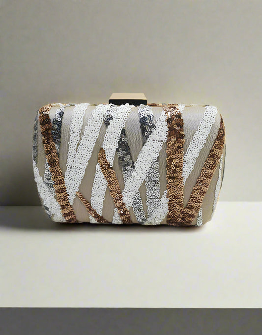 Gold and White Sequence Embroidered Clutch | Peepal Clothing