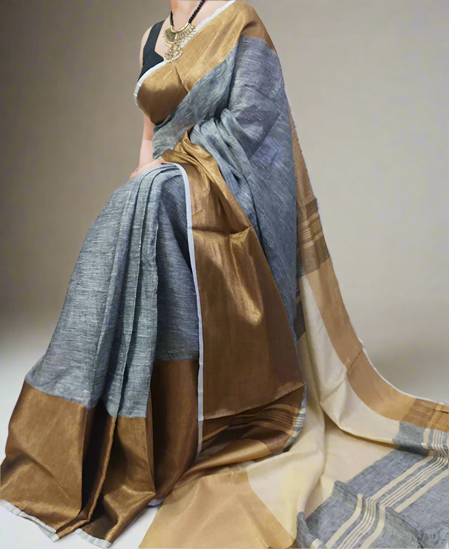 Golden Zari Border Gray Linen Saree