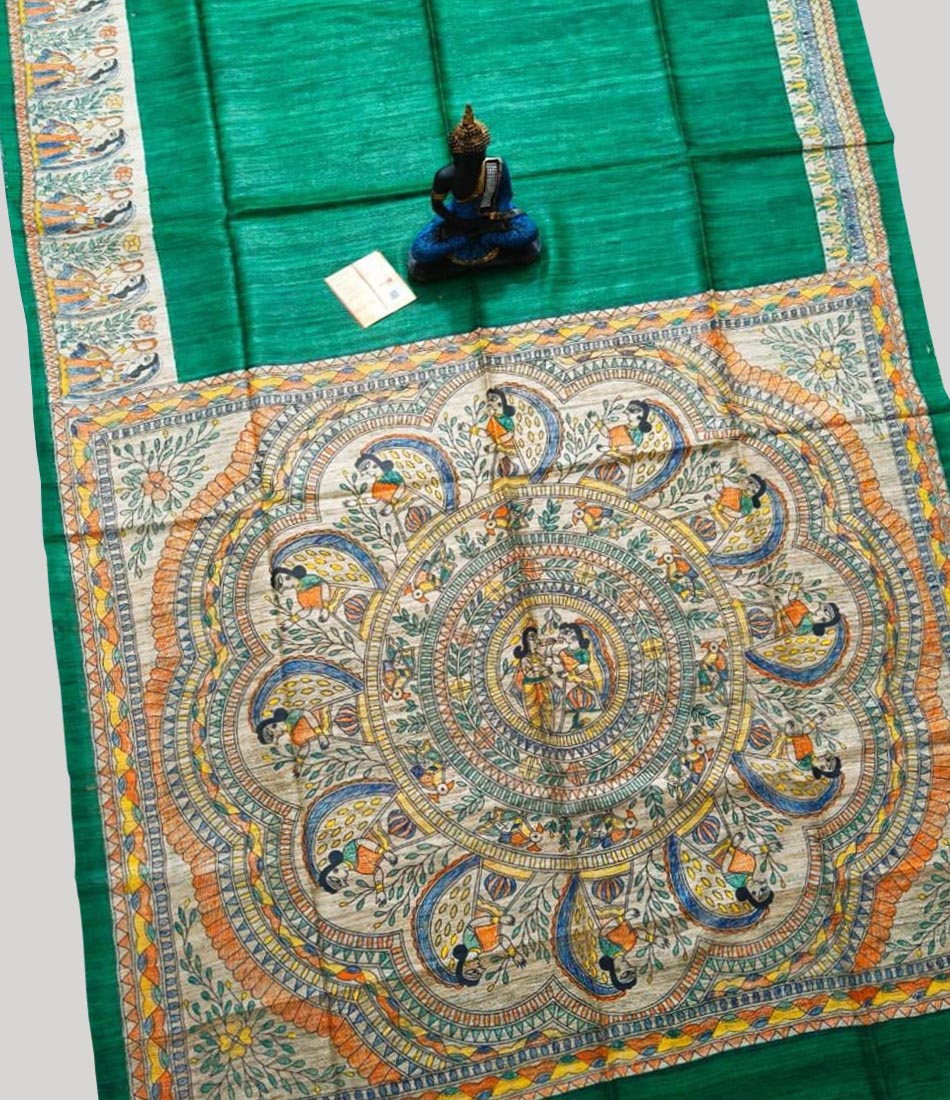 Green Madhubani Hand Painted Tussar Ghicha Silk Saree | Peepal Clothing
