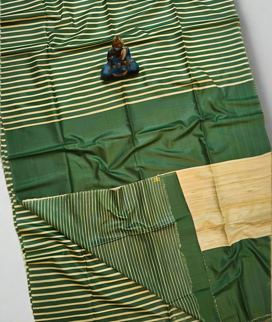 Green Striped Tusser Ghicha Silk Saree |Peepal Clothing