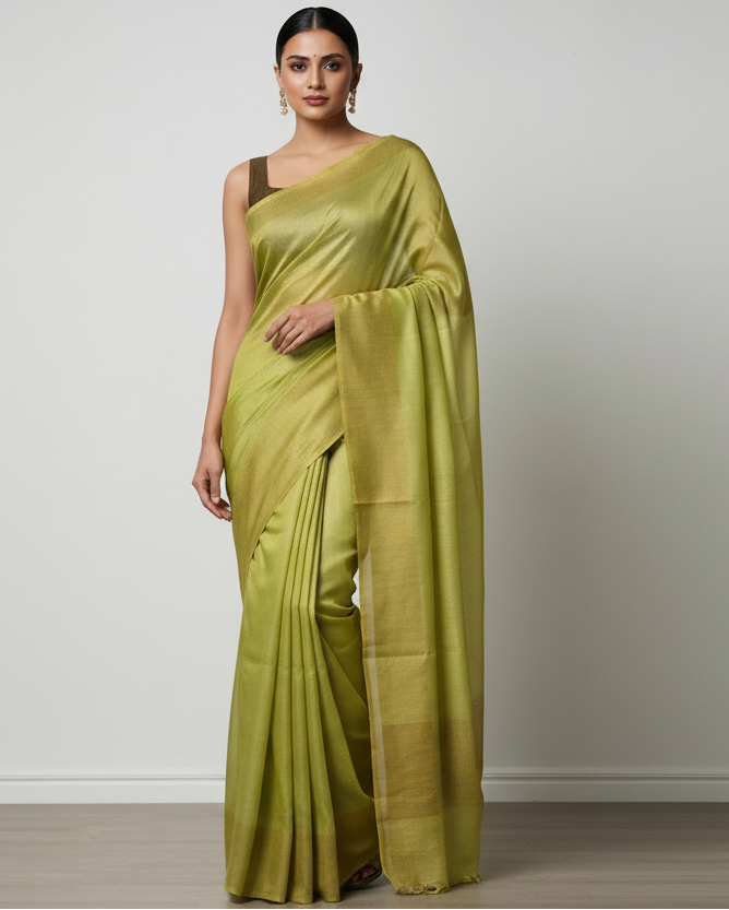 Green Tussar Munga Silk Saree | Peepal Clothing