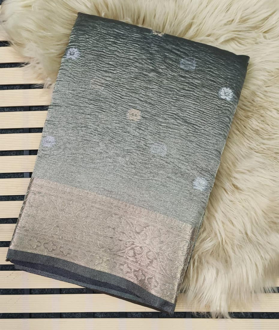 Grey Banarasi Crush Tissue Saree | Peepal Clothing
