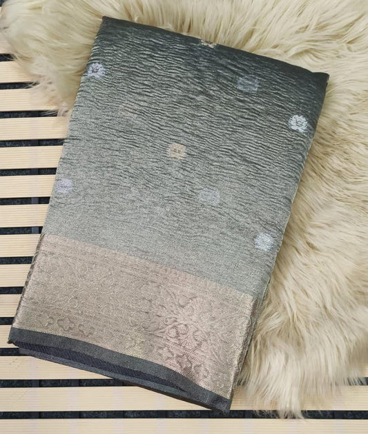 Grey Banarasi Crush Tissue Saree | Peepal Clothing