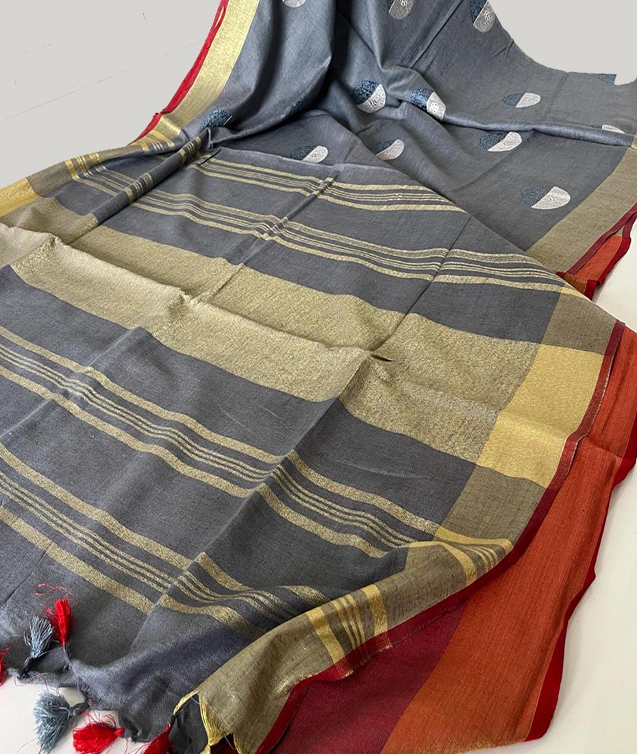 Embroidered Linen Saree | Peepal Clothing