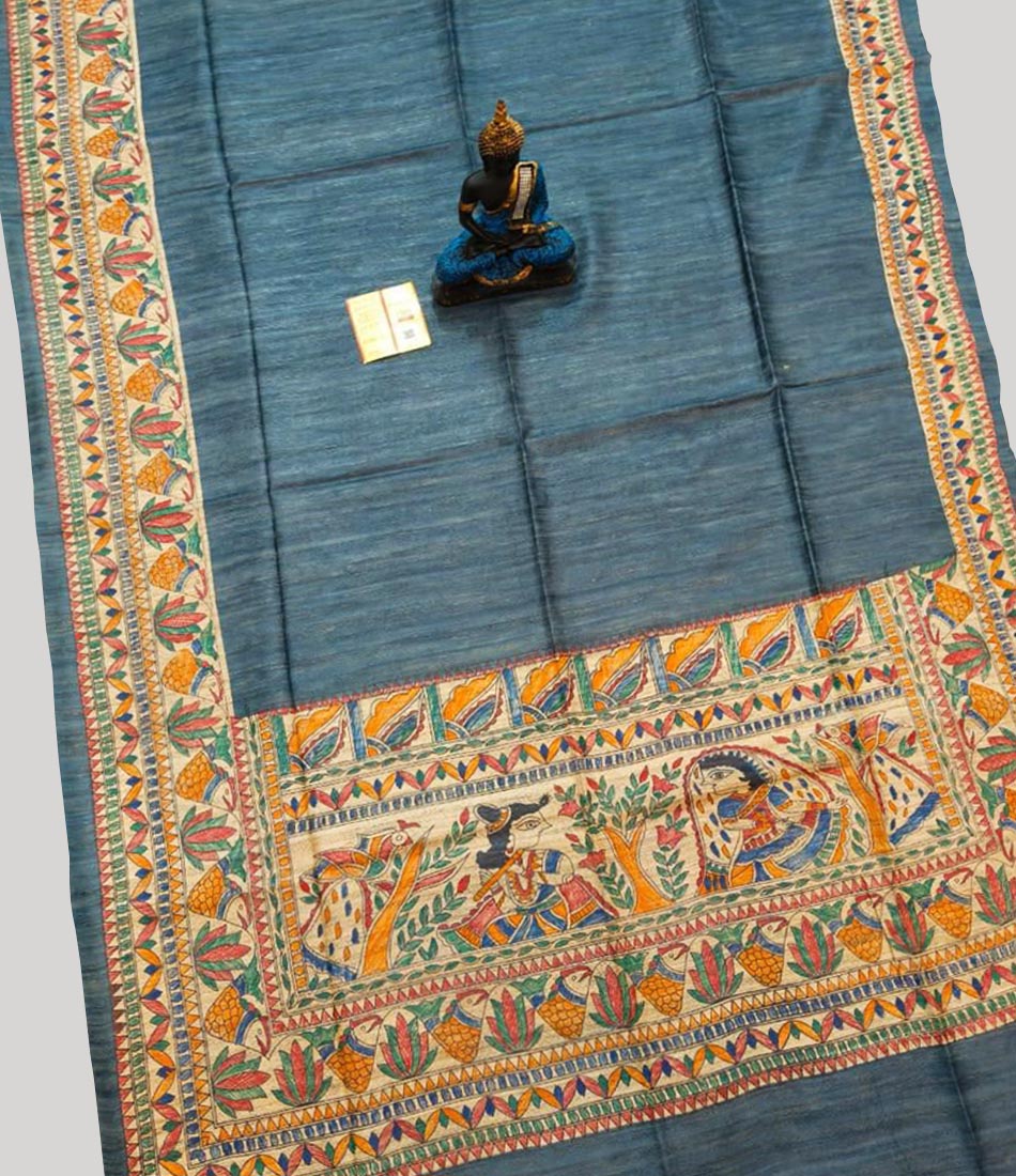 Grey Madhubani Hand Painted Tussar Ghicha Silk Saree | Peepal Clothing