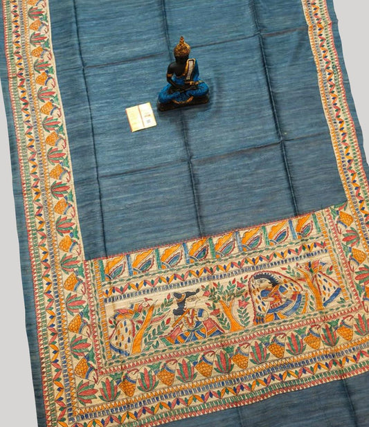 Grey Madhubani Hand Painted Tussar Ghicha Silk Saree | Peepal Clothing