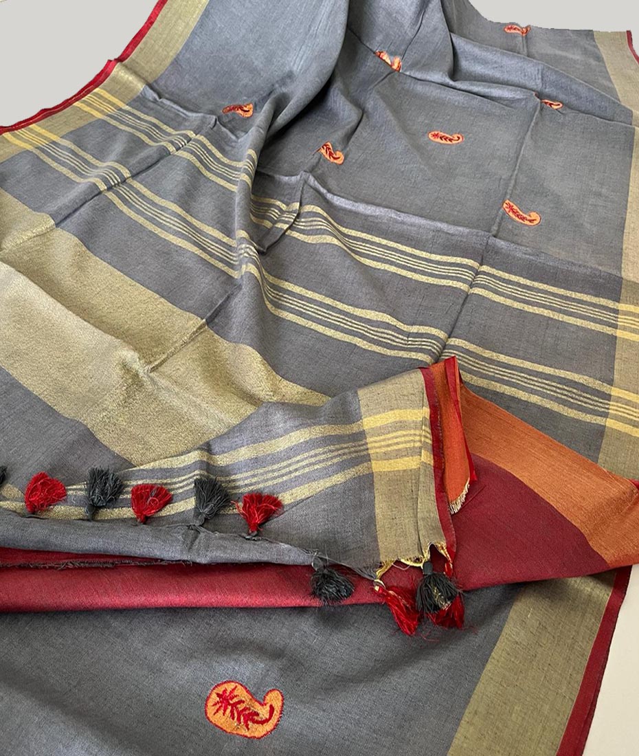 Embroidered Linen Saree | Peepal Clothing
