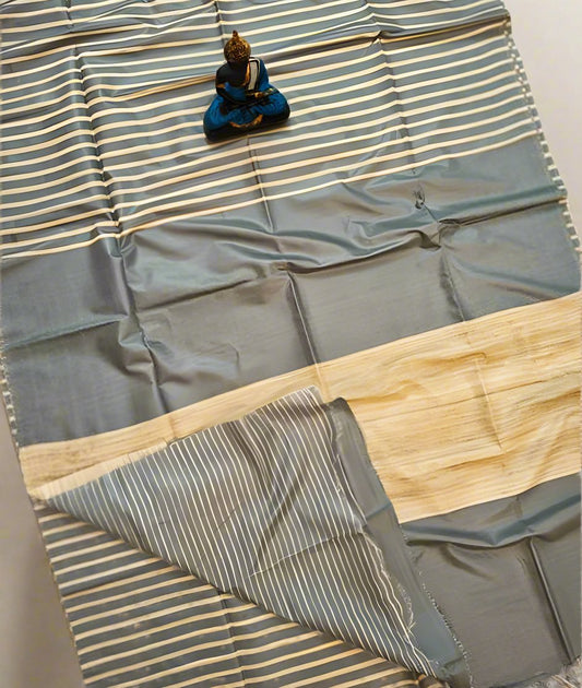 Grey Striped Tusser Ghicha Silk Saree |Peepal Clothing