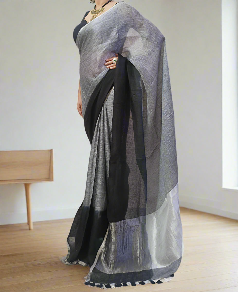 Grey and Black Linen Saree