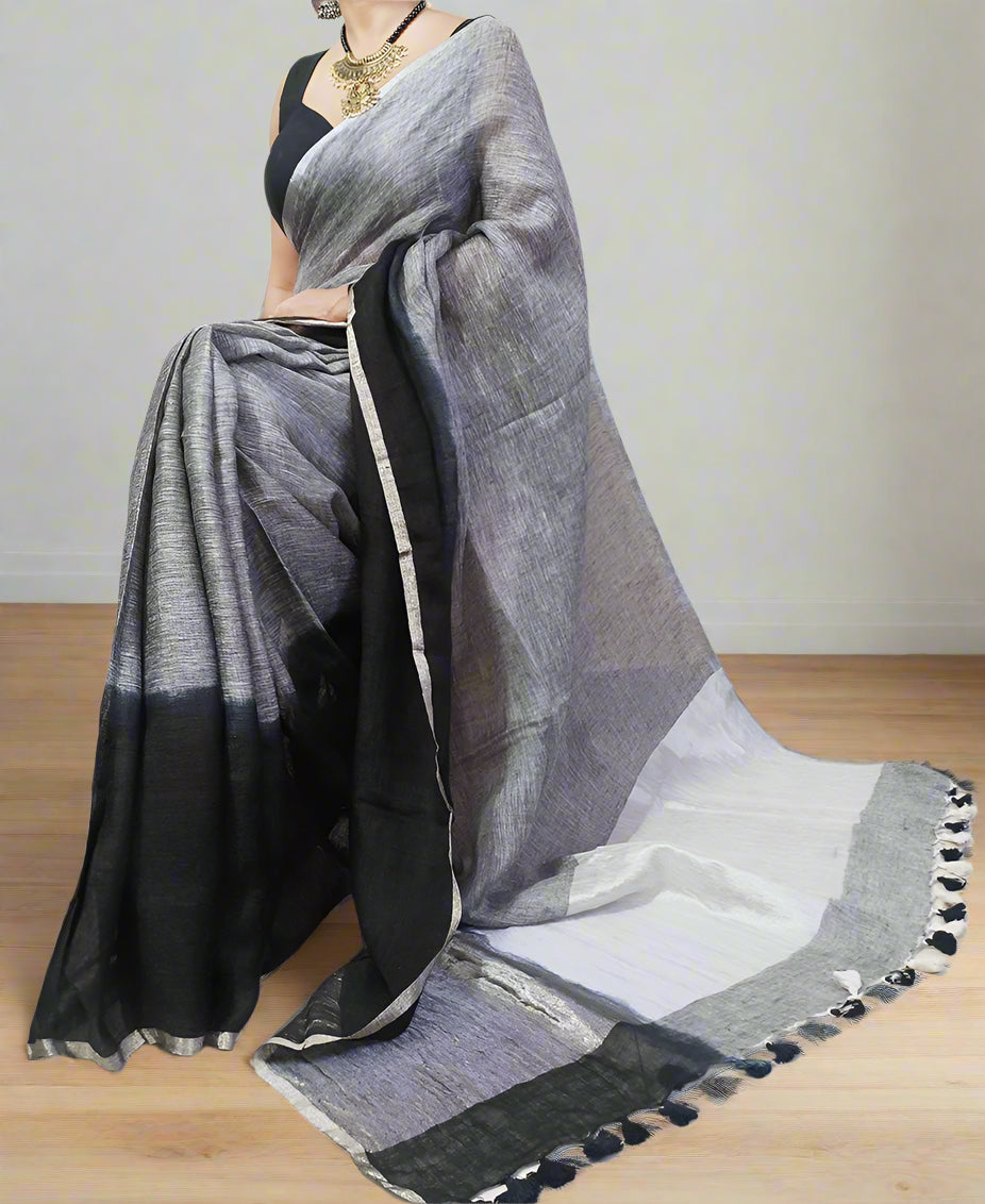 Grey and Black Linen Saree