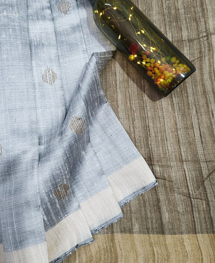 Grey and Natural Tussar Raw Silk Saree