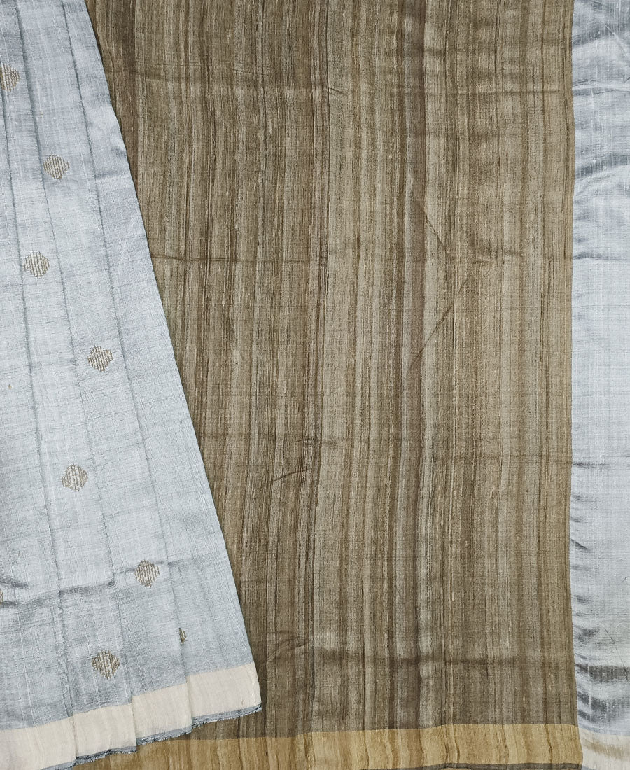 Grey and Natural Tussar Raw Silk Saree