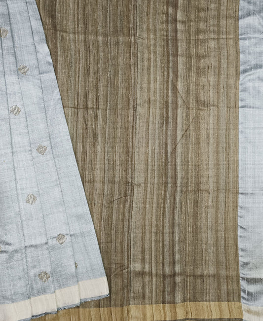 Grey and Natural Tussar Raw Silk Saree