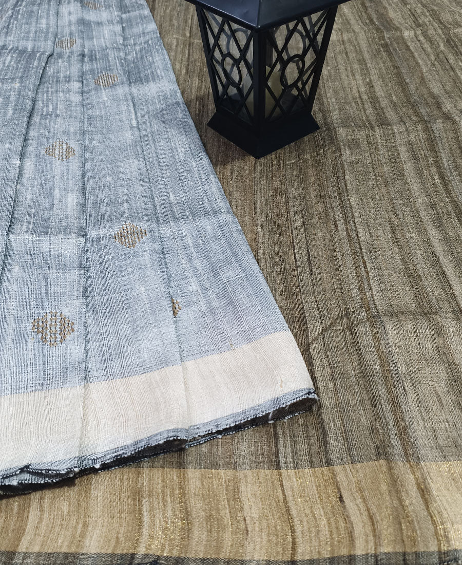 Grey and Natural Tussar Raw Silk Saree