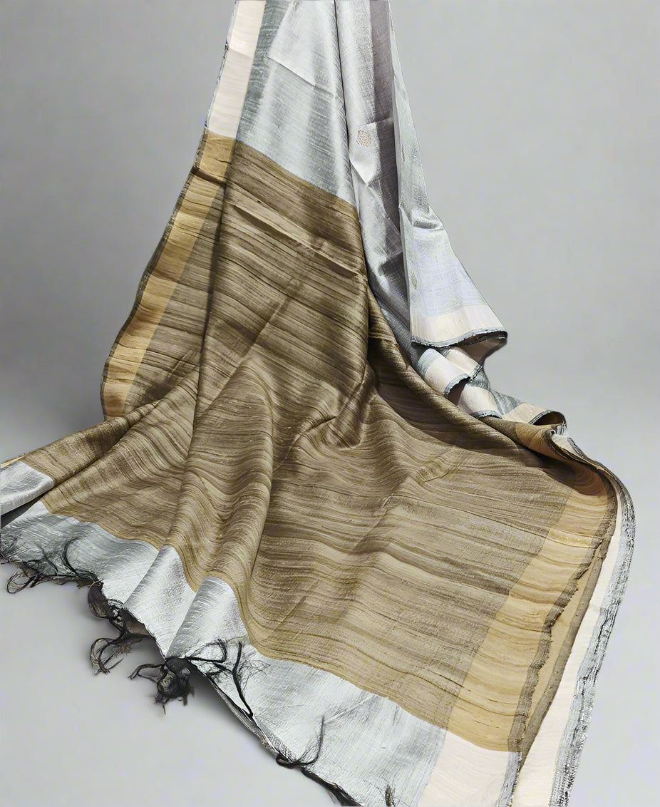 Grey and Natural Tussar Raw Silk Saree