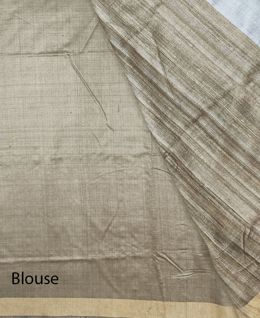 Grey and Natural Tussar Raw Silk Saree