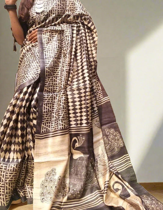 Grey and White Tussar Ghicha Silk Saree