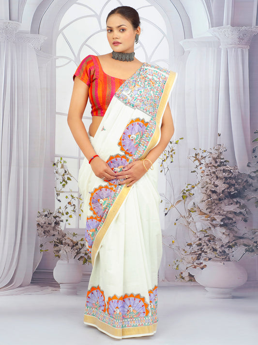 Hand-painted floral Madhubani Kerala saree with golden zari border