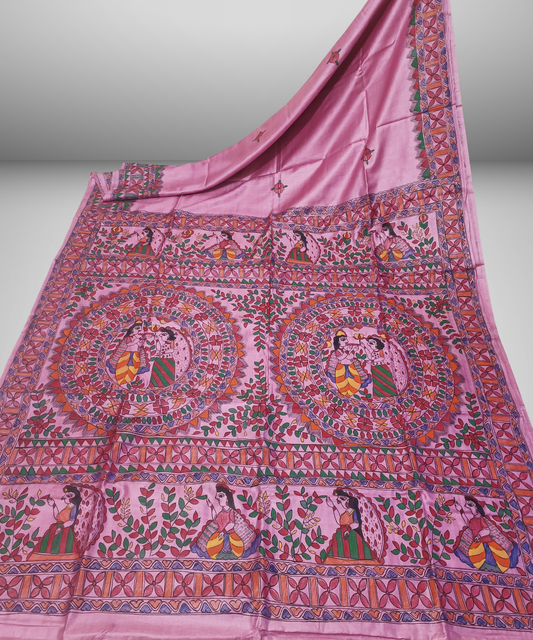 Hand-Painted Madhubani Pure Tussar Silk Saree | Pastel Pink Radha-Krishna Dual Mandala & Gopi Motif