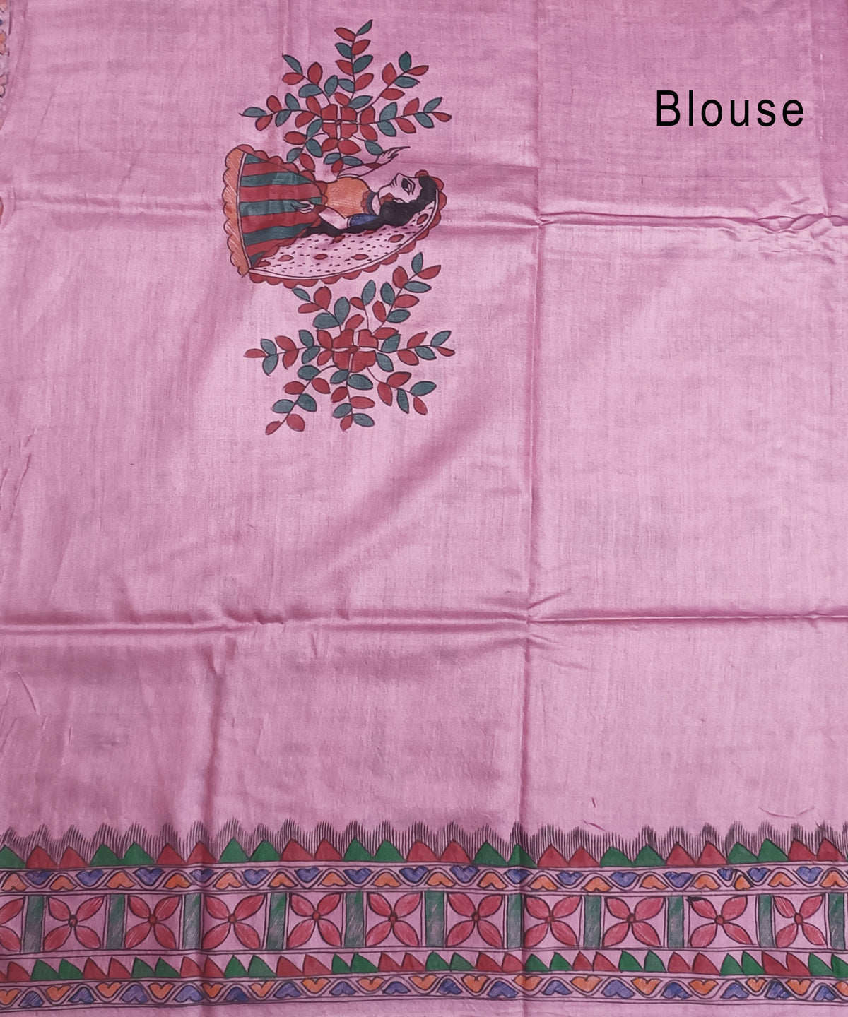 Hand-Painted Madhubani Pure Tussar Silk Saree | Pastel Pink Radha-Krishna Dual Mandala & Gopi Motif