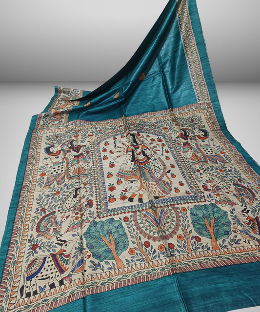 Hand-Painted Madhubani Tussar Ghicha Silk Saree | Teal Blue Goddess Durga & Divine Motifs