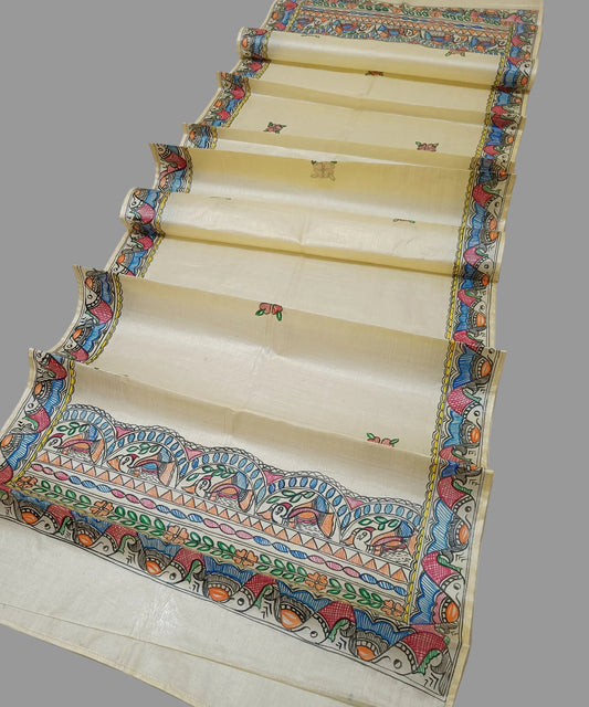 Pure Natural cream/off-white Madhubani Tussar silk stole featuring an extensive border of colorful hand-painted fish motifs and detailed panels of stylized birds (Mithila Art)