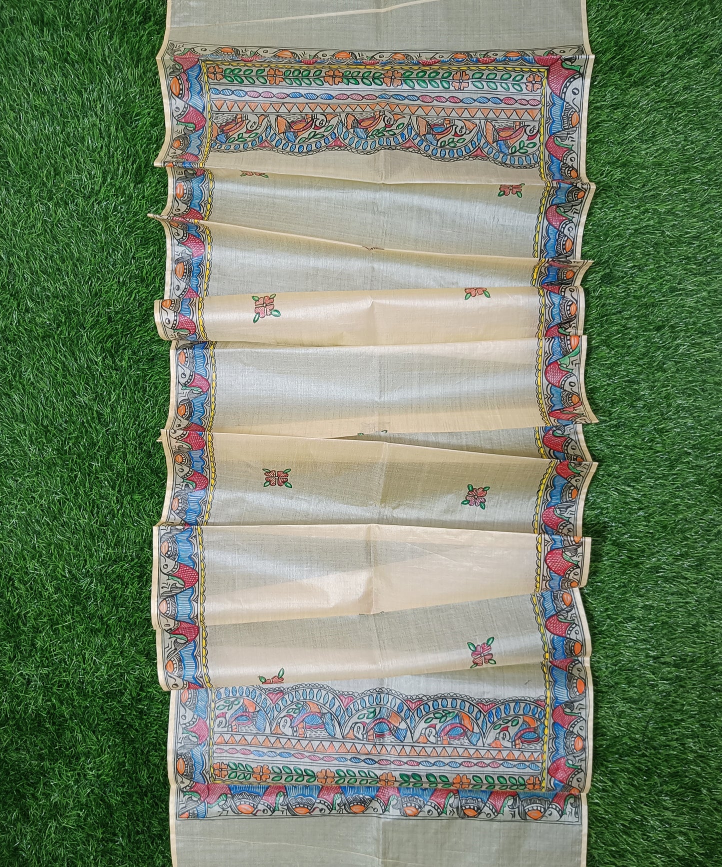 Natural cream Madhubani Tussar silk stole featuring an extensive border of colorful hand-painted fish motifs and detailed panels of stylized birds
