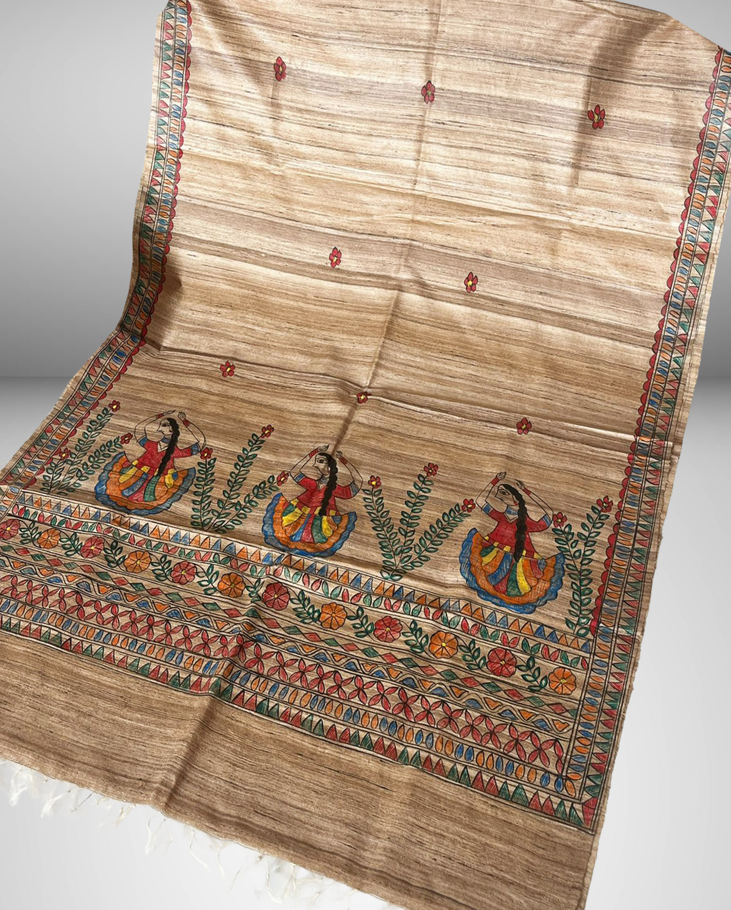 Hand-Painted Madhubani Dancing Woman Tussar Ghicha Silk Dupatta – Natural Beige