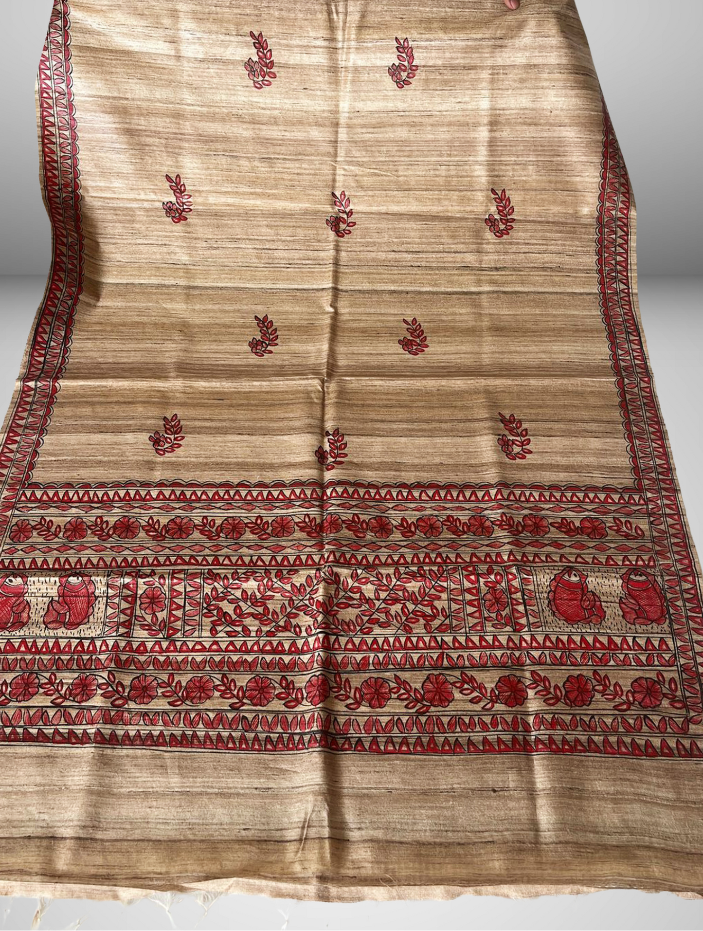 Hand-Painted Madhubani Tussar Ghicha Silk Dupatta | Crimson Red & Black Floral Mithila Art