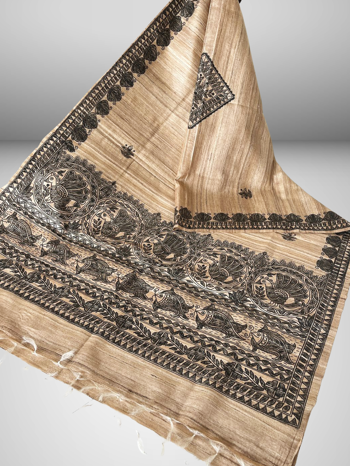 Hand-Painted Madhubani Tussar Ghicha Silk Dupatta | Natural Beige & Black Mithila Art