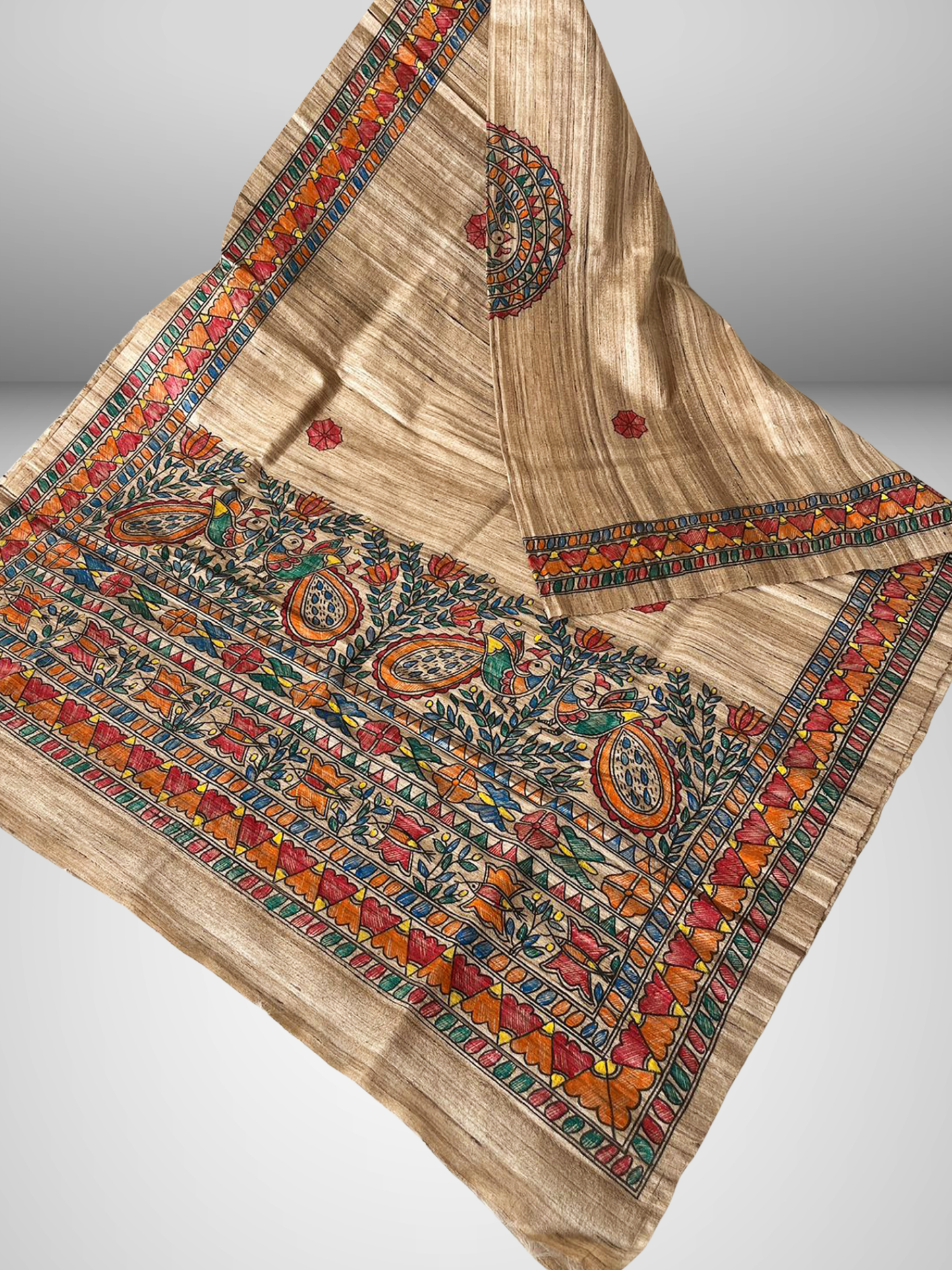 Hand-Painted Madhubani Tussar Ghicha Silk Dupatta – Natural Beige with Multicolour Motifs