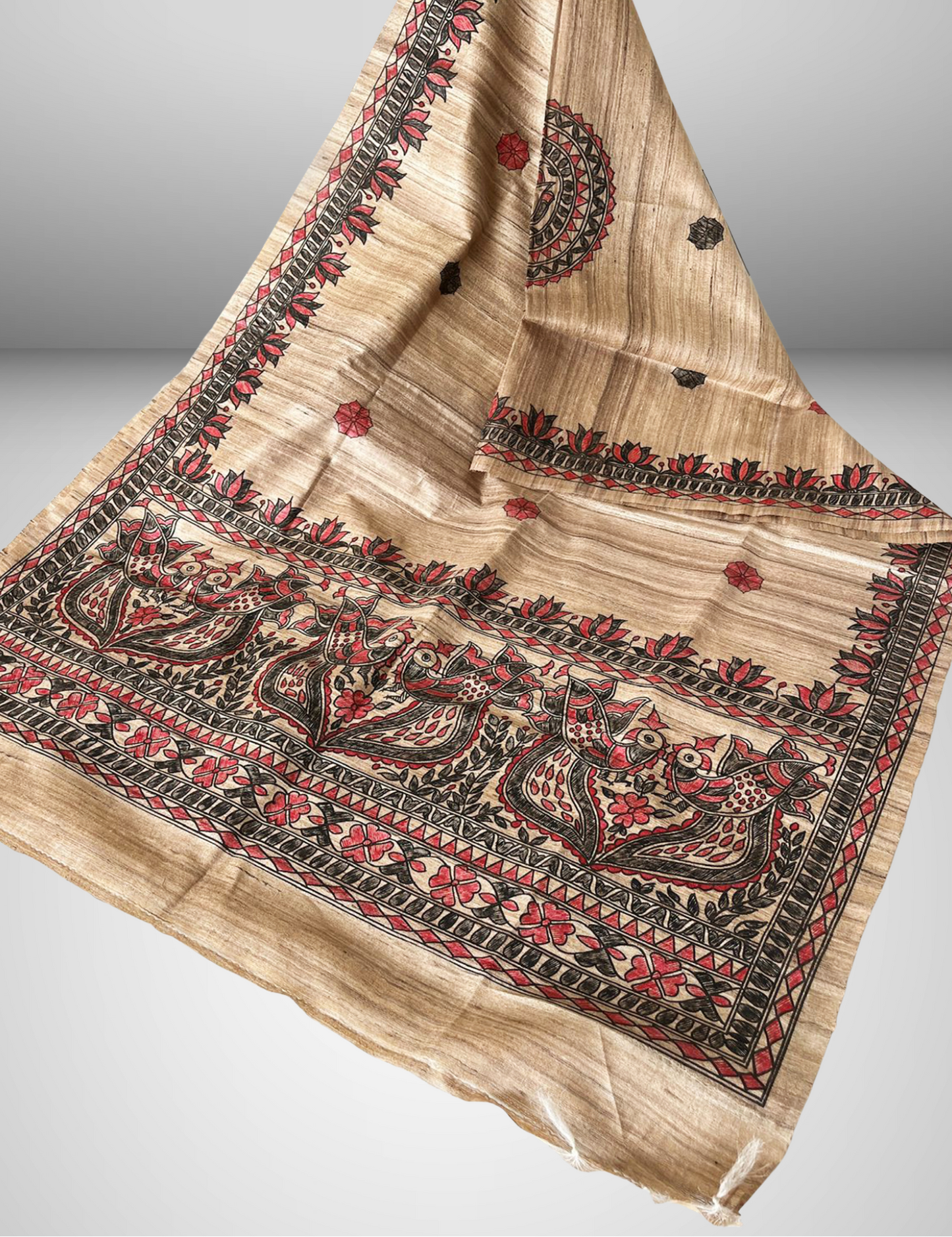 Hand-Painted Madhubani Tussar Ghicha Silk Dupatta – Natural Beige with Traditional Motifs