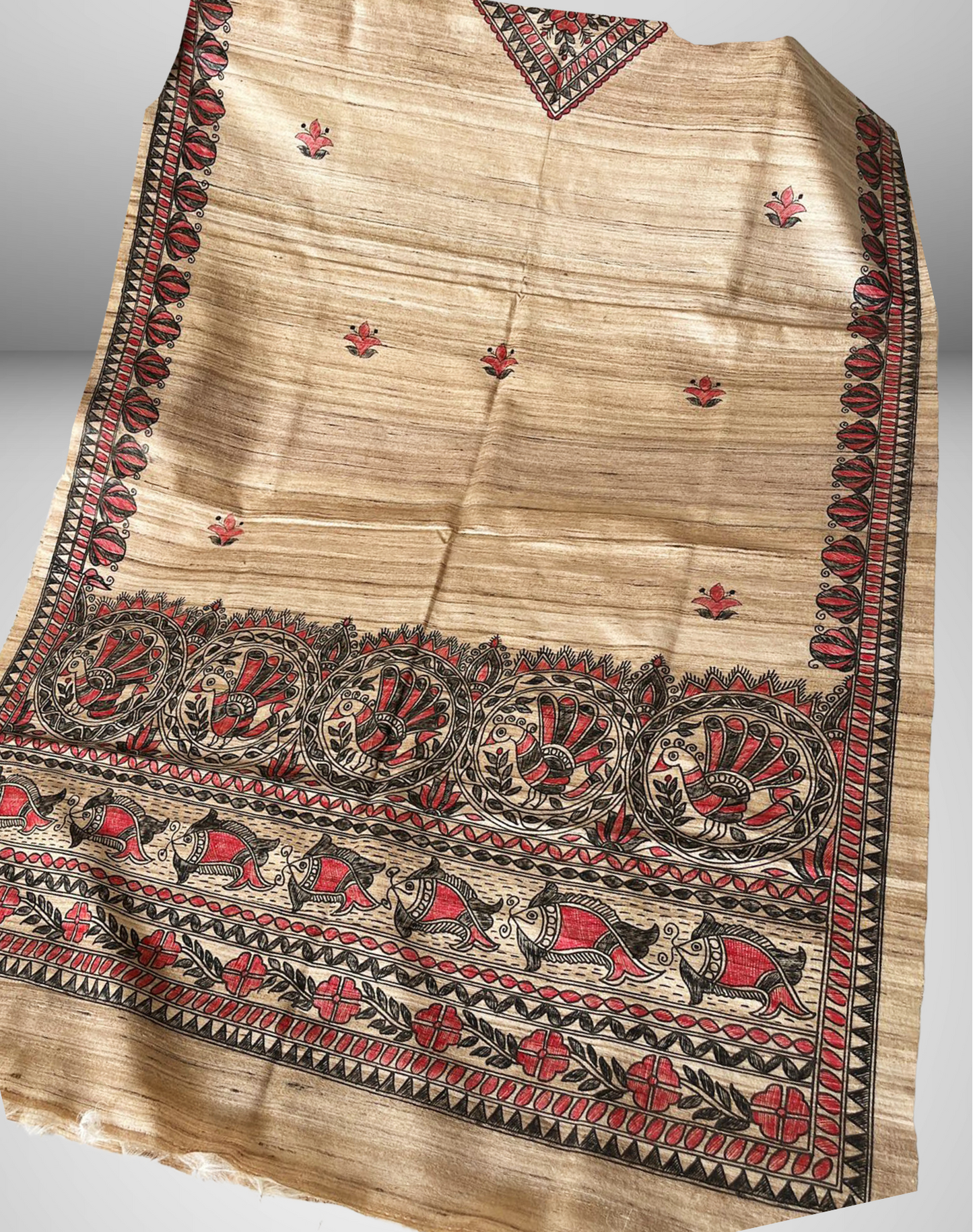 Hand-Painted Madhubani Tussar Ghicha Silk Dupatta with Fish Motifs – Natural Beige