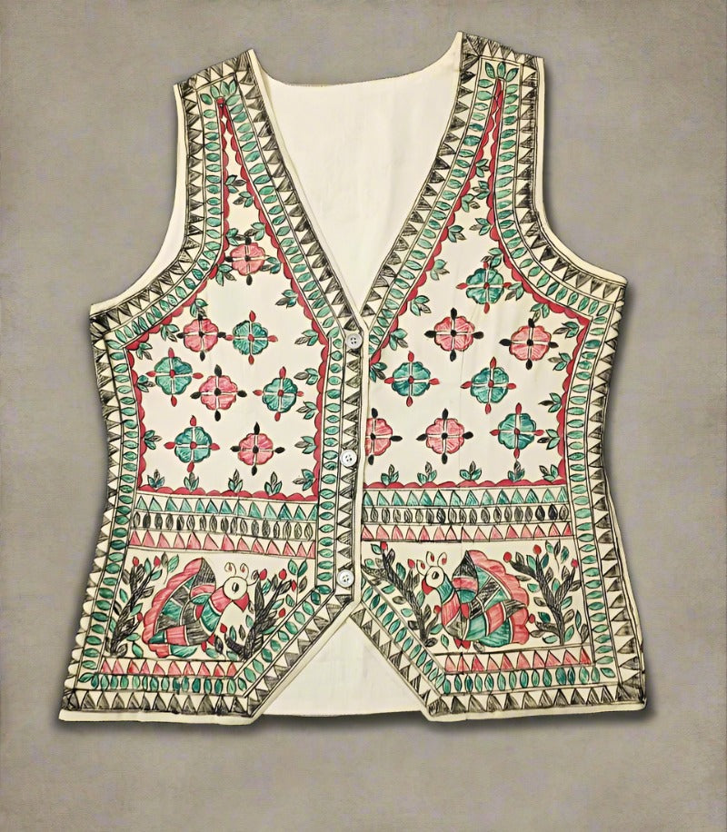 Hand-Painted Off-white Madhubani Cotton Waistcoat for Women | Peepal Clothing