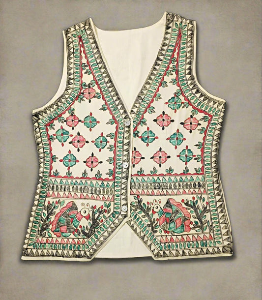 Hand-Painted Off-white Madhubani Cotton Waistcoat for Women | Peepal Clothing