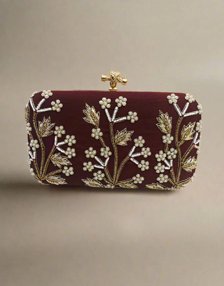 Hand Embroidered Maroon Clutch | Peepal Clothing