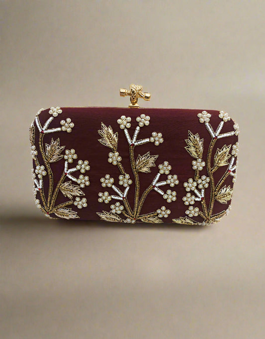 Hand Embroidered Maroon Clutch | Peepal Clothing