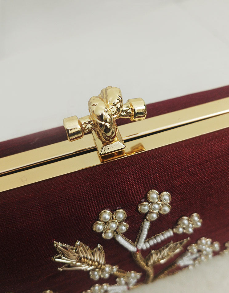 Elegant Maroon Clutch | Designer Embroidered Handbag