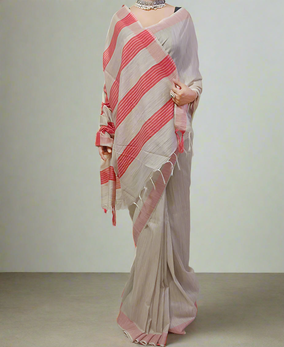 Handwoven Off White Tussar Munga Silk Saree