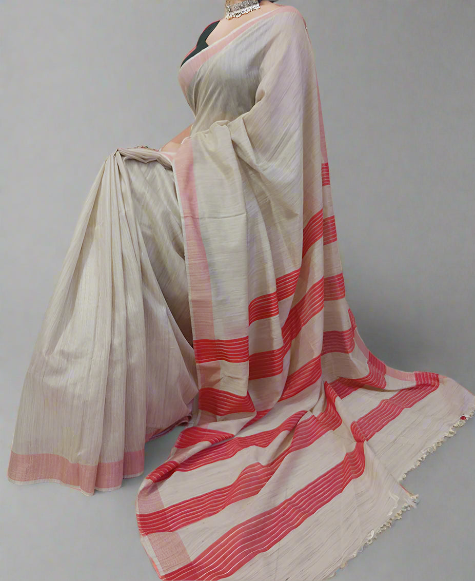 Handwoven Off White Tussar Munga Silk Saree
