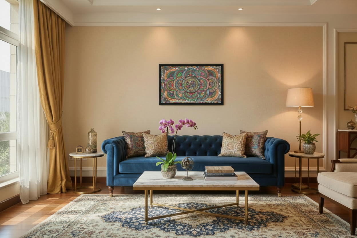 Horizontal Madhubani Geometric Mosaic - Layered Mithila Fish & Floral Art | Intricate Wall Panel