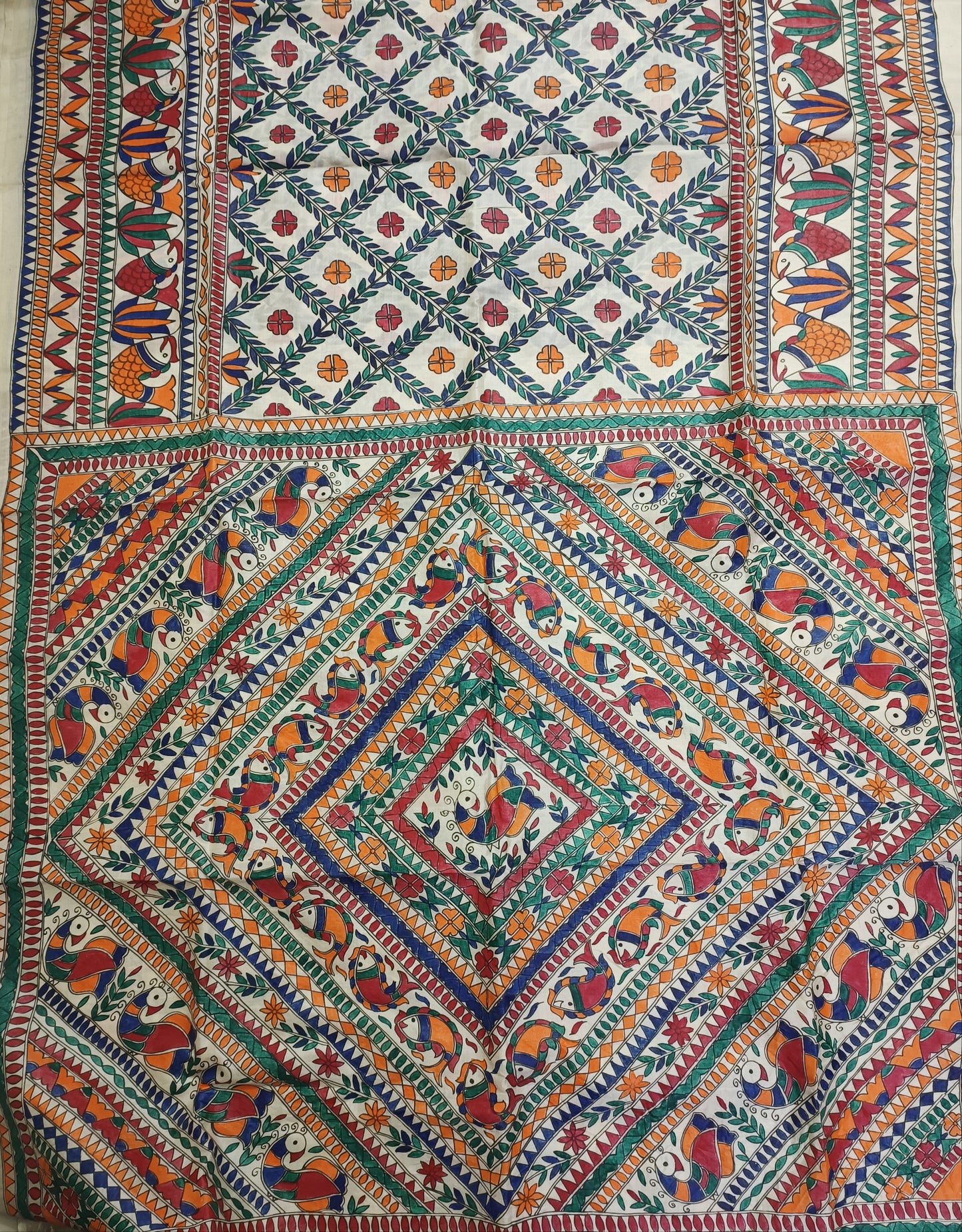 Geometrical Design Madhubani Hand Painted Desi Tussar Silk Saree